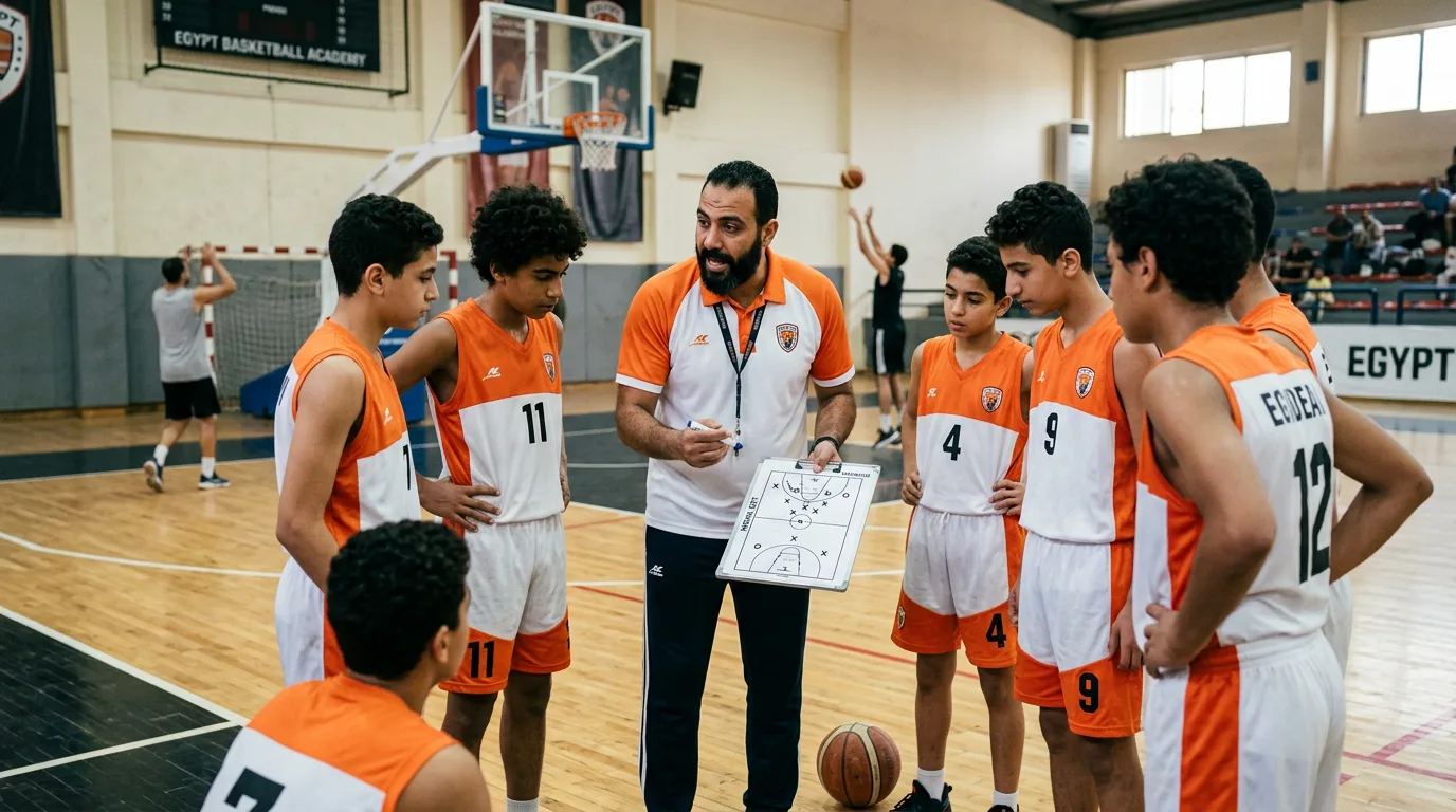 مدرب كرة سلة يشرح التكتيكات للاعبين الشباب